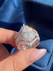 1件裝亮面鋯石戒指套組，女款訂婚婚禮派對日常配戴週年紀念珠寶禮物 - 白鑽-銀 - 查看 4