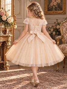 Young Girls Flower Girl Wedding Dress, Elegant Applique Sequin Fluffy Vintage Short Dress, Holiday, Wedding, Birthday Party Formal Evening Gown - Gold - View 4