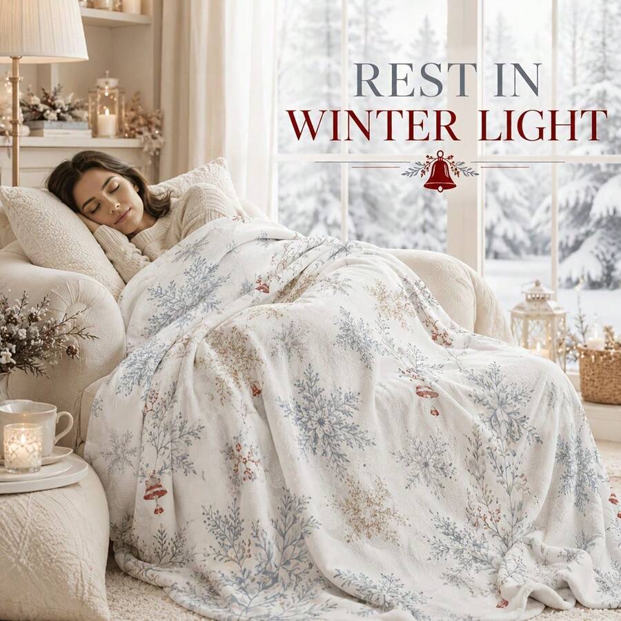 1pc Light Blue & Gold Snowflake Branch Berry Print Throw Blanket, Soft White Christmas Style Decorative Blanket, Suitable For Sofa And Bedroom - Multicolor - View 1