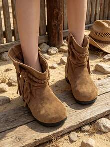 1 Pair Children's Vintage Woven Tassel Slouchy Mid-Calf Boots, Suitable For Outdoor Trips, Suitable For Activities And Parties, Suitable For Daily Wear, Suitable For Autumn And Winter - Khaki - View 8