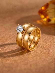2pcs Elegant Exquisite Stainless Steel Ring Set, 18K Gold Plated Stainless Steel Stackable Ring Set, Size 6-10 Wedding Season Gift, Couple Rings, Wedding Rings, Jewelry Gift For Girlfriend/Best Friend, Unisex Accessories, Suitable For Daily Wear, Commute, Date, Party, Travel, Fashionable And Versatile, Waterproof And Fade-Resistant - Gold - View 4