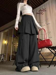 YCYC Gaya Korea Celana Panjang Kasual Berenda untuk Wanita Musim Semi/Gugur Vintage dengan Saku dan Tali Serut, Set Rok Lipit - Hitam - View 1