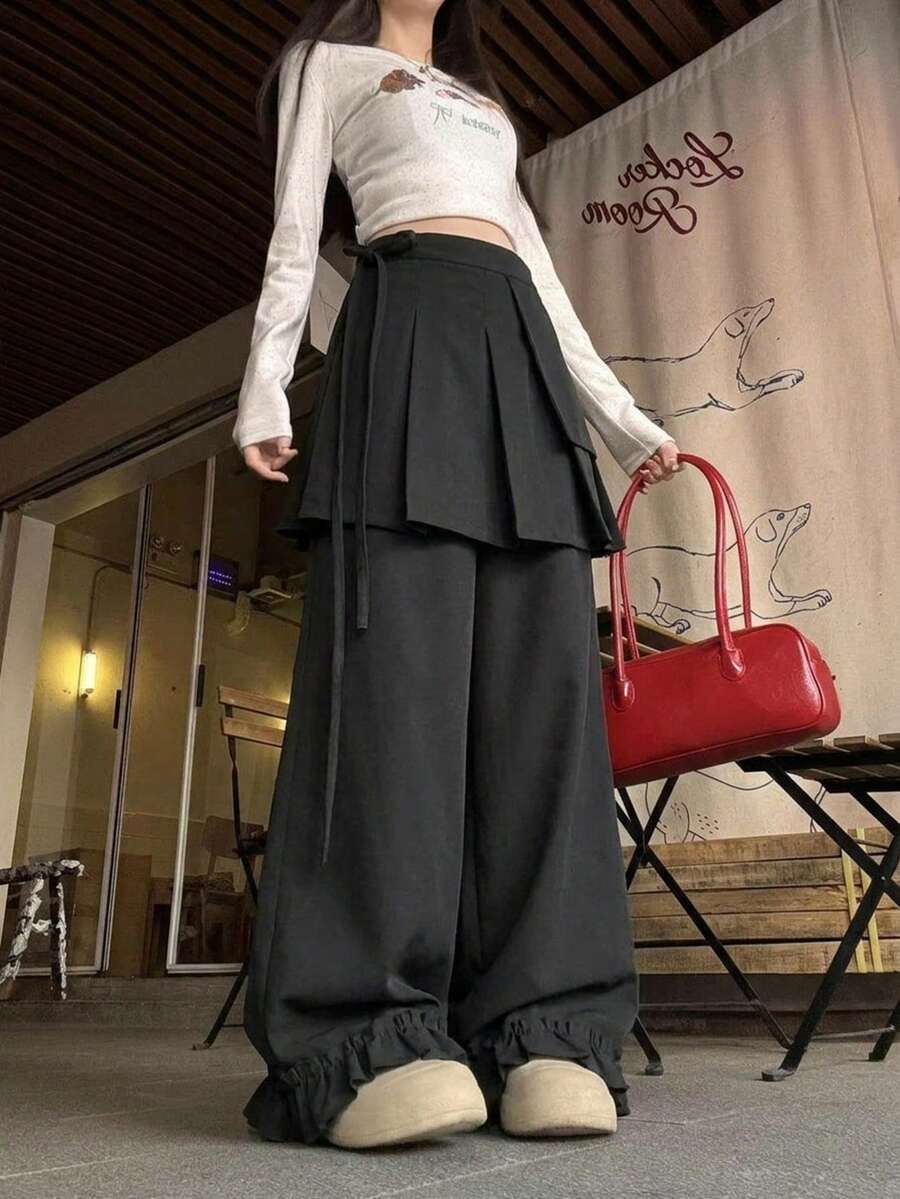 YCYC Gaya Korea Celana Panjang Kasual Berenda untuk Wanita Musim Semi/Gugur Vintage dengan Saku dan Tali Serut, Set Rok Lipit - Hitam - View 1