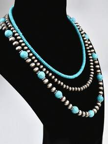 3pcs/Set Handmade Beaded Necklace, Vintage Western Country Style, Turquoise Color, Multi-Layer Design, Versatile Fashion Jewelry Gift - Multicolor - View 6