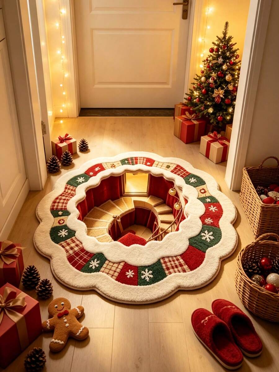 1pc Red & Green Plaid Snowflake Lace Circular Hollow Rotating Staircase Shaped Rug, Christmas Style, Christmas, Doormat, Small Rug, Welcome Mat, Carpet, Floor Mat, Outdoor Doormat, Kitchen Rug, Front Door Mat, Area Rug, Outdoor Mat, Home Decor, Area Carpet, Garden Rug, Washable Rug - Multicolor - View 1