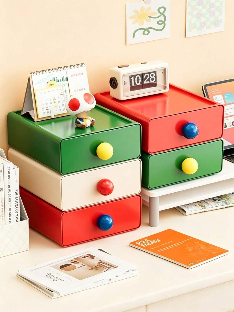 1/3pcs Drawer‑Style Desktop Storage Boxes, Dopamine Color Block Pattern Plastic Organizer, Minimalist Style Desk Holder For Dorm Household Office, Multi‑Tone Available For Teenagers Adults Daily Study Work Occasion, All‑Season Desk Tidy Supplies