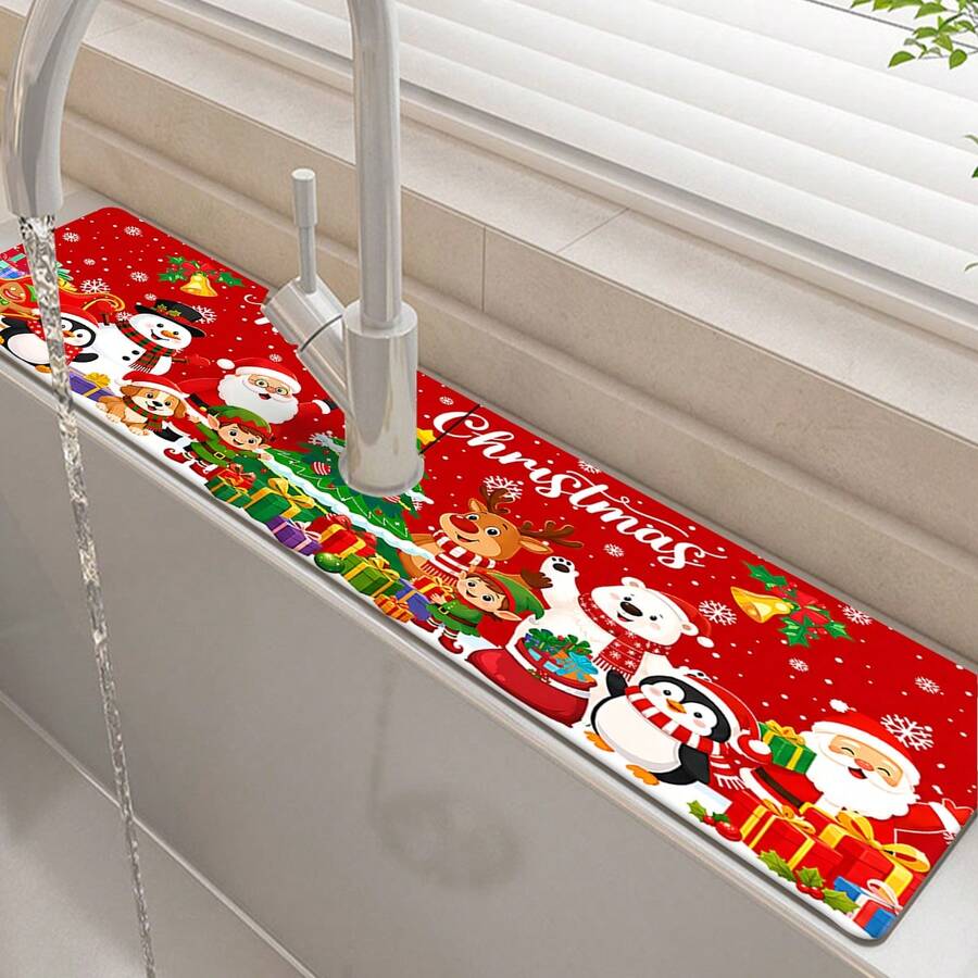 1pc Christmas Faucet, Snowman Pattern, Sink Faucet Absorbent Mat, Drainage Mat, Suitable For Kitchen, Bathroom Sink, Countertop, Drainage Mat, Diatomaceous Earth Material, Trimmable, Quick-Dry Mat - Multicolor - View 1
