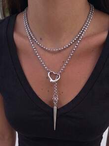 Layered Chunky Cuban Chain Double Layer Necklace, Heart Lock & Cone Pendant Design, Street Style Punk Music Festival Women's Necklace Accessory - Silver - View 5