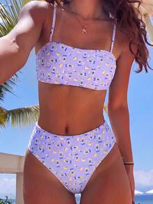Summer New Floral Bikini, Women's High Waist Two Pieces Swimsuit, Purple And Yellow, Sweet And Cute Slimming Design, Suitable For Beach And Pool Vacation - Yellow Flowers With Purple Base - View 1