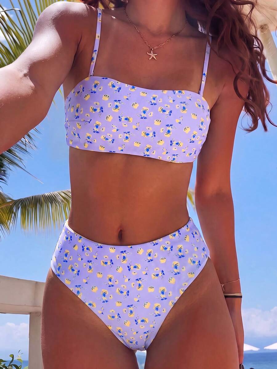 Summer New Floral Bikini, Women's High Waist Two Pieces Swimsuit, Purple And Yellow, Sweet And Cute Slimming Design, Suitable For Beach And Pool Vacation - Yellow Flowers With Purple Base - View 1