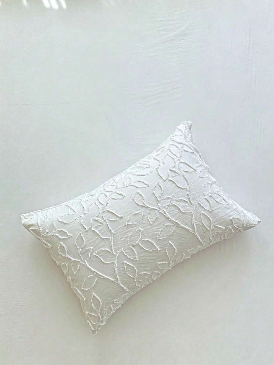 1pc Pastoral Leaf Pattern Cutwork Pillowcase, White Minimalist Textured Polyester Throw Pillow Cover, All-Season Ins Style Home Decor, Soft And Breathable, Machine Washable, No Filling Included - White - View 1
