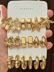 6/18pcs Vintage Gold Flower, Starfish, Water Drop C-Shaped Earrings Set 9 Pairs, Suitable For Luxury Versatile, Gift, Party, Commute Metal Earring Combination. - Gold - View 1
