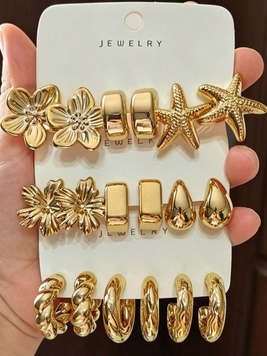 6/18pcs Vintage Gold Flower, Starfish, Water Drop C-Shaped Earrings Set 9 Pairs, Suitable For Luxury Versatile, Gift, Party, Commute Metal Earring Combination. - Gold - View 1