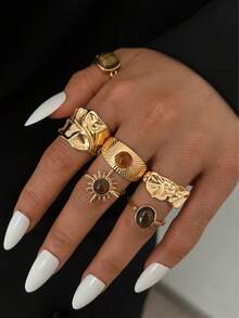 20pcs/6pcs Vintage Elegant Casual Women's Metal Rings With Amber Tiger Eye Stone, Sun And Round Design, Suitable For Daily Wear And Vacation, Perfect For Matching And Gifting - Gold - View 8