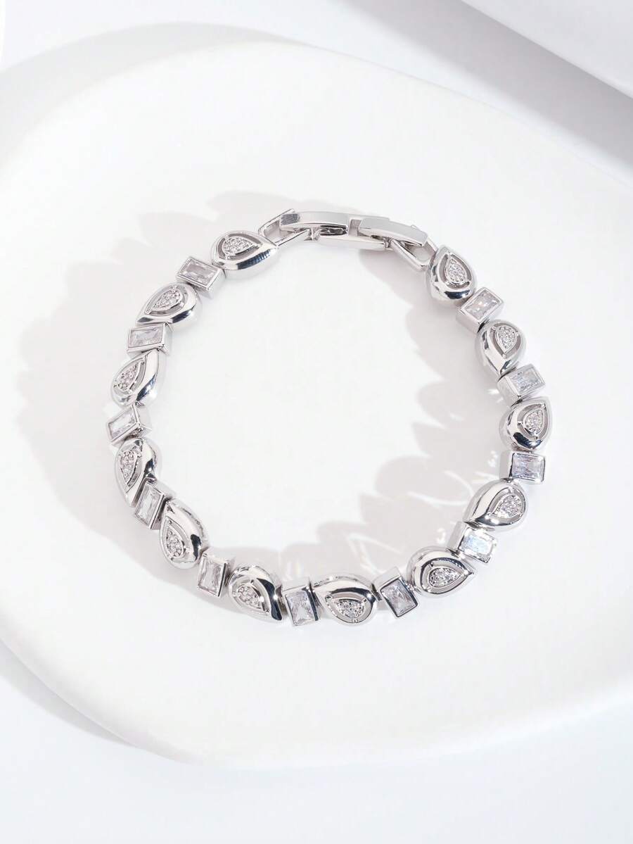 1pc Luxury Elegant Sparkling Cubic Zirconia Teardrop Design Bracelet, Suitable For Women's Wedding And Banquet Wear, Gift Box Not Included - Silver - View 1