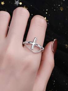 RADIVIDE 1pc 925 Sterling Silver Cross Chain Ring, Vintage Personalized Adjustable Open Silver Ring, Hip-Hop Style Women's Finger Ring Accessory - Silver - View 5