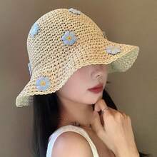 1pc Women's Embroidered Sunflower Hollow Straw Hat, Fashion Bohemian Style Handmade Crochet Straw Hat, Suitable For Vacation Beach Look - Multicolor - View 3