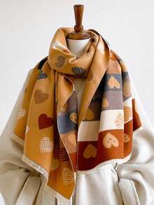 1pc Mixed‑Pattern Heart Jacquard Thick Scarf 65*180cm, Polyester Faux Cashmere Fall Winter Shawl For Travel Party Outing Wear As Scarf Shawl Head Wrap - Multicolor - View 8