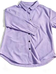Women's Waffle Knit Collared Shirt, Elegant Loose Long Sleeve Front Button-Up Top, Solid Color Casual Autumn Blouse, Versatile For Vacation And Commuting - Purple - View 3