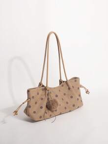 Khaki Polka Dot Underarm Tote Bag With Dual Drawstring Design, Women's Shoulder Bag With Pom Pom Pendant, Suitable For Commuting And Shopping - Khaki - View 5