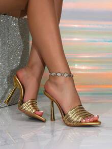 Women's Gold Decorative Pyramid High Heel Mule Sandals, Glamorous Party High Heel Sandals - Gold - View 4