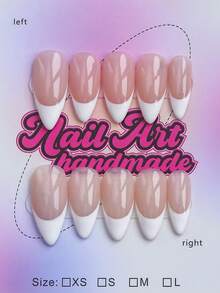 10pcs/Set Handmade Medium Almond Shape Y2K Baddie Style Press-On Nails, Nude Color, White French Tips, Suitable For Party, Dance, Daily Wear, Comes With Tool Set, Perfect Gift For Women - White - View 1