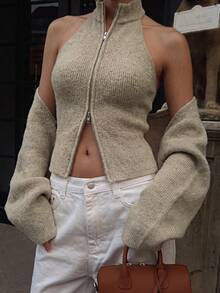 Atasan Tank Tanpa Lengan Leher Halter Rajut Bergaris untuk Wanita Musim Gugur/Dingin dengan Resleting Ganda dan Selendang Kardigan Lengan Panjang Longgar, Set 2 Potong Rajut Retro Y2K - Khaki - View 4