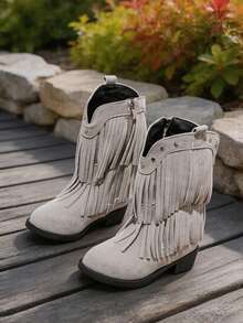1 Pair Kids Vintage Western Cowboy Boots, Double Layer Fringe & Rivet Decor Mid-Calf Boots, Suitable For Holiday Parties, Daily Wear, Street Outings, Autumn/Winter - Grey - View 4