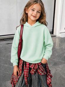 1pc Girls' Solid Black Hooded Sweatshirt, Loose Casual All-Match Long Sleeve Top, Soft Skin-Friendly Breathable Versatile Campus Commute Sporty Style Tween Girl Wear, Spring Autumn Winter Three Seasons Inner Layer Outer Wear Minimalist Solid Color - Mint Green - View 6