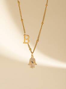 1 Piece Hamsa Hand Pendant Necklace For Women With 26 Letters Charm, Zirconia Eye Design Chain Necklace, Fashion Jewelry, Suitable For Daily Wear - Multicolor - View 12