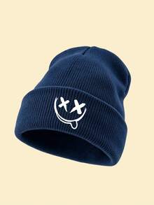 1pc Unisex Multi‑Color Cuffed Knitted Beanie Hat, X‑Eyes Smiling Face Graphic Print, Soft Warm Fall Winter Headwear, Versatile Casual Cap For Outdoor - Multicolor - View 14