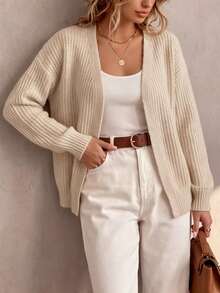Plus Size Women's Solid Color Vertical Ribbed Knit Long Sleeve V-Neck Buttonless Open Front Drop Shoulder Loose Fit Beige Cardigan, Soft Casual Style For Daily Commute, Autumn/Winter Coffee Date Outerwear - Apricot - View 4