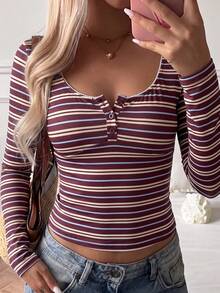 SCARLUX Fall Women Y2K Striped Long Sleeve Top, Lace Trim U Neck Button Front Slim Fit Cropped Tee, Back To School & Daily Commute Outfit - Red - View 1