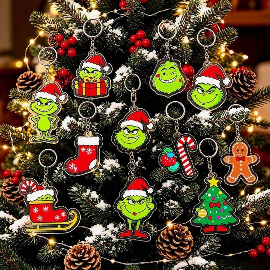 The Grinch 12/6/2 قطعة من زينة سلسلة مفاتيح أكريليك عيد الميلاد، سلسلة مفاتيح عيد الميلاد، ديكور شجرة عيد الميلاد، زينة العطلات - متعدد الألوان - مشاهدة 1