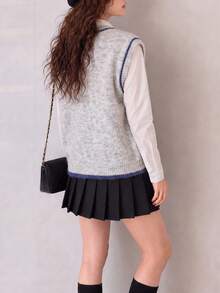 Women's Autumn Casual Minimalist Contrast Trim V-Neck Pullover Vest - Light Grey - View 2