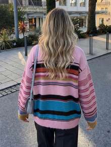 Women's Vintage Pink Striped Knit Sweater, Long Sleeve, Medium Stretch, Regular Length, Create A Fashionable Look - Multicolor - View 2
