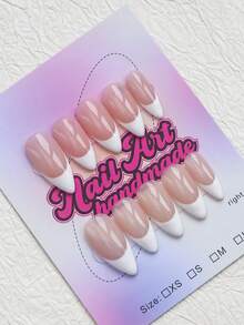 10pcs/Set Handmade Medium Almond Shape Y2K Baddie Style Press-On Nails, Nude Color, White French Tips, Suitable For Party, Dance, Daily Wear, Comes With Tool Set, Perfect Gift For Women - White - View 2