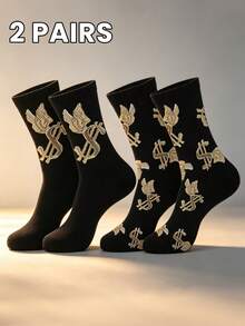 2 Pairs Dollar Wing Pattern Mid-Calf Socks, Black & Gold Colorway, Eye-Catching Design, Skin-Friendly Comfortable Material, Street Style Versatile Fashion Item - Black - View 7