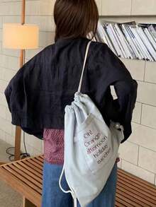 Tas Ransel Lipat Kapasitas Besar untuk Mahasiswi, Modis, dan Sangat Menarik dengan Bordir Huruf untuk Kembali ke Sekolah. - Baby Blue - View 4