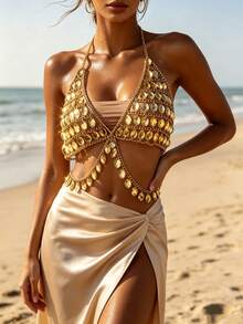 ZHENGHEN Women Sparkling Crystal Halter Body Chain Top,Silver Chain Tassel Vest ,Beach Holiday Party Accessory - Gold - View 3