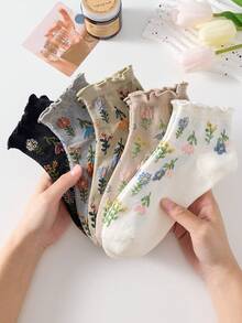 5 Pairs Women's French Vintage Court Style Floral Pattern Embossed Fashion Short Socks Invisible Socks Lace Socks, Ankle Socks Boat Socks, Skin-Friendly Soft Socks, Suitable For Daily Casual Wear, Suitable For Spring Summer All Seasons - Multicolor - View 13
