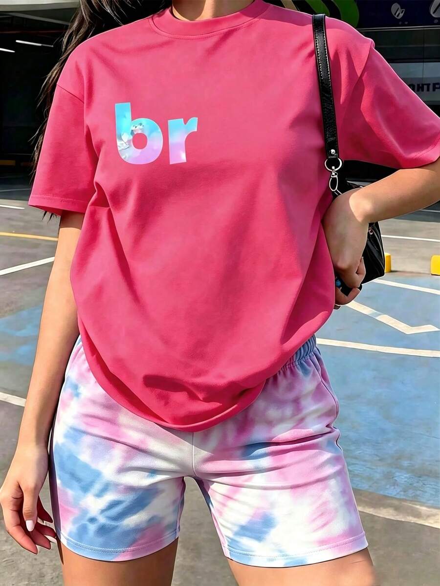 2件組女童大童青少年短袖T恤漸層印花上衣與漸層基本款短褲套裝,休閒寬鬆日常穿搭 - 彩色 - 查看 1