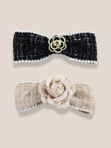 1pc French Vintage Floral Bow Fabric Hair Clip, Soft Style Camellia Flower Back Of Head Spring Clip Hair Accessory - Multicolor - View 3