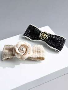 1pc French Vintage Floral Bow Fabric Hair Clip, Soft Style Camellia Flower Back Of Head Spring Clip Hair Accessory - Multicolor - View 4
