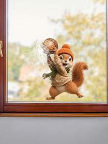 Playful Squirrel Throwing Pinecones At The Window-Static-Cling Window Decal; Suitable For Shop Windows And Home Windows To Create An Autumnal Atmosphere; Made Of Reusable PVC Material. - Multicolor - View 5