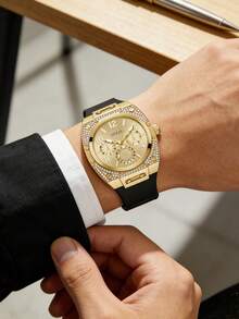 Guess Men's Shock-Resistant Quartz Watch With Champagne Multifunction Dial, Large Arabic Numerals, Black Silicone Strap, Luxury Sport Lifestyle Chronograph - Gold - View 2