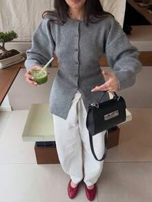 女款秋冬優雅休閒修身極簡針織開襟毛衣外套 - 灰色 - 查看 2