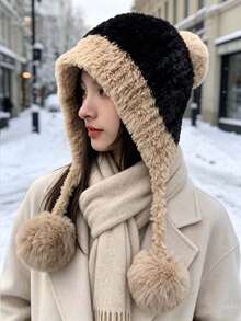 Colorblock Plush Warm Ear Protection Windproof Winter Hat With Pom Pom And Tassel, Soft Warm Headwear For Women, Suitable For Snow Outdoor Daily Wear, 4 Colors Available - Multiple Styles - View 12