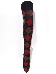 1 Pair Of Retro Diamond-Patterned Socks; Red And Gray Color-Blocking; Thickened Style. - Red - View 5