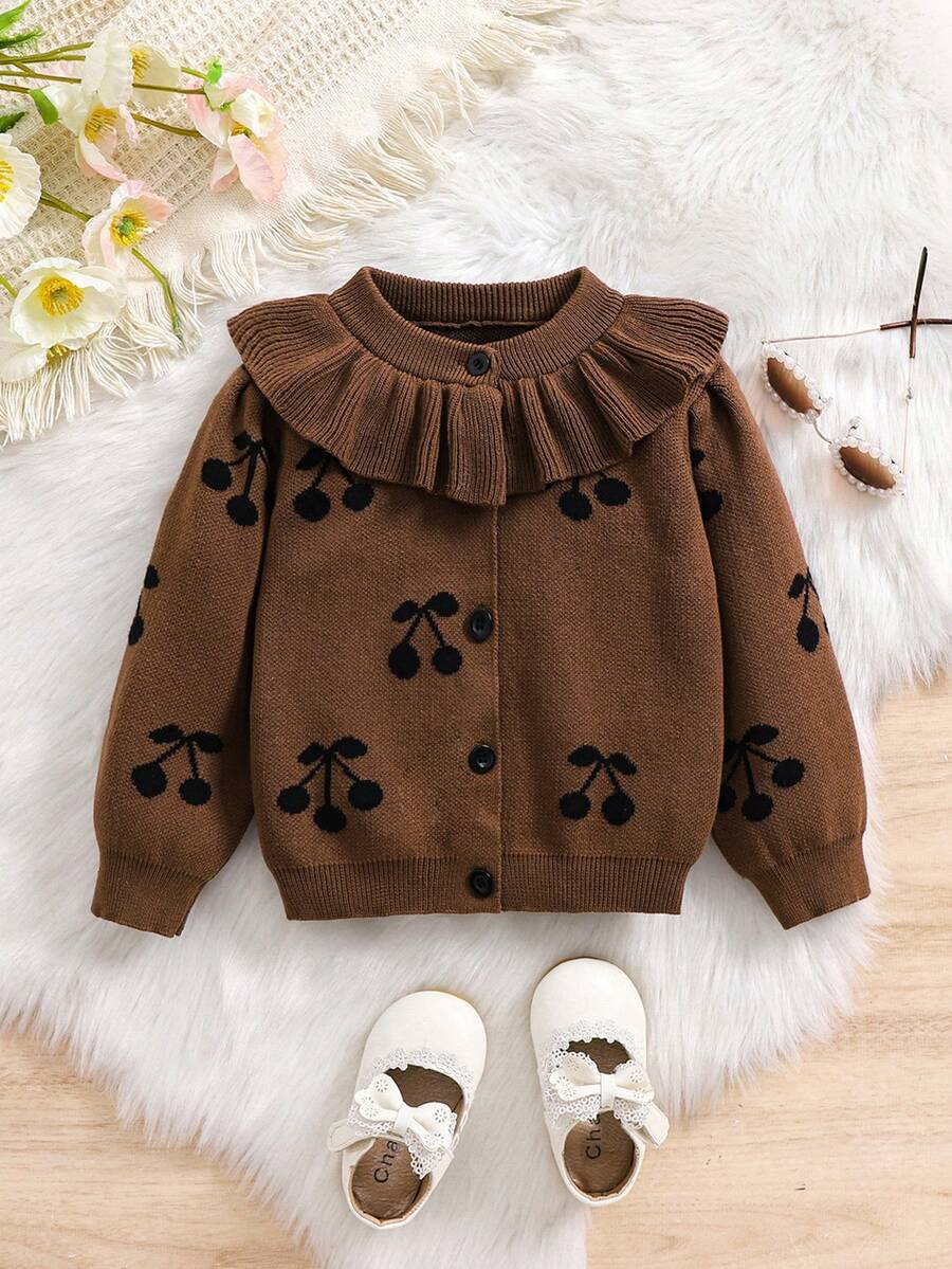 1pc Baby Girl Cherry Jacquard Knit Cardigan With Ruffle Collar, Long Sleeve Button-Up Sweater Jacket, Spring/Autumn Infant Open Front Coat - Coffee Brown - View 1